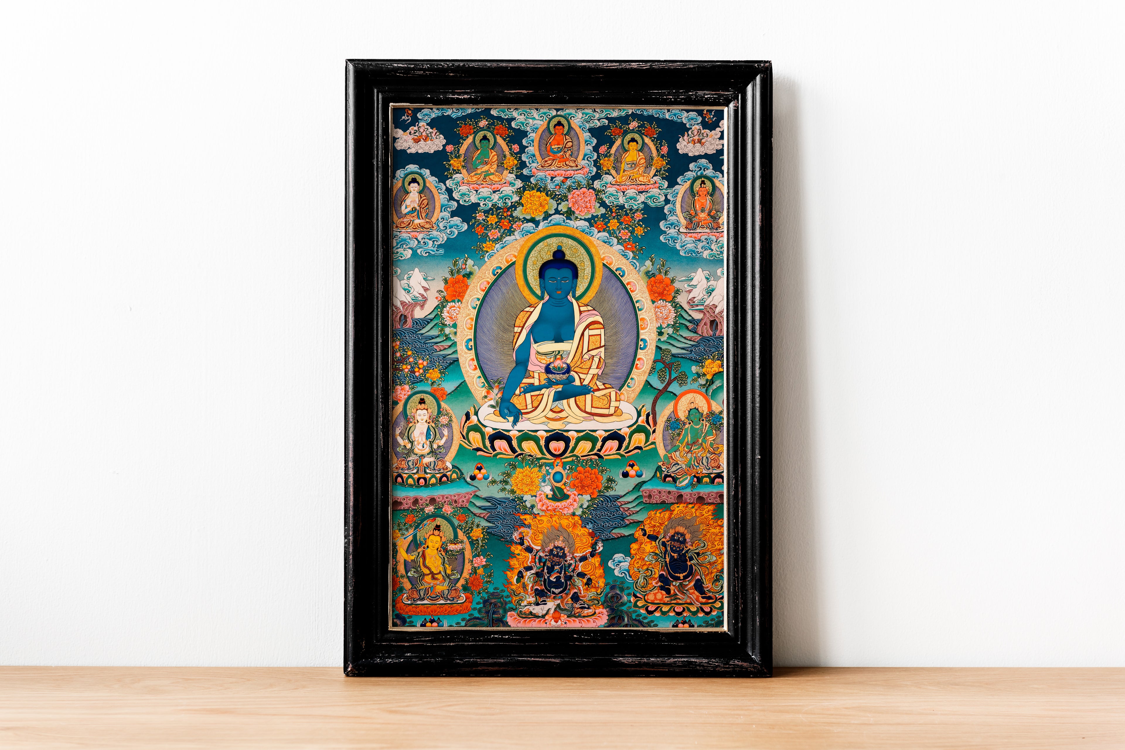 Hand-Painted Tibetan Thangka | Medicine Buddha | Collectible Tibetan Art, Traditional Wall Decor for Home & Meditation Space