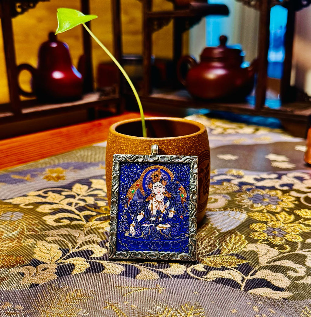 |White Tara Blue Thangka Pendant Handmade|Tibetan Thangka Pendant Necklace | Original Handmade Traditional Tibetan Cultural Art Jewelry | Hand-Painted with Natural Mineral Pigments | Limited Edition Artisan Craft