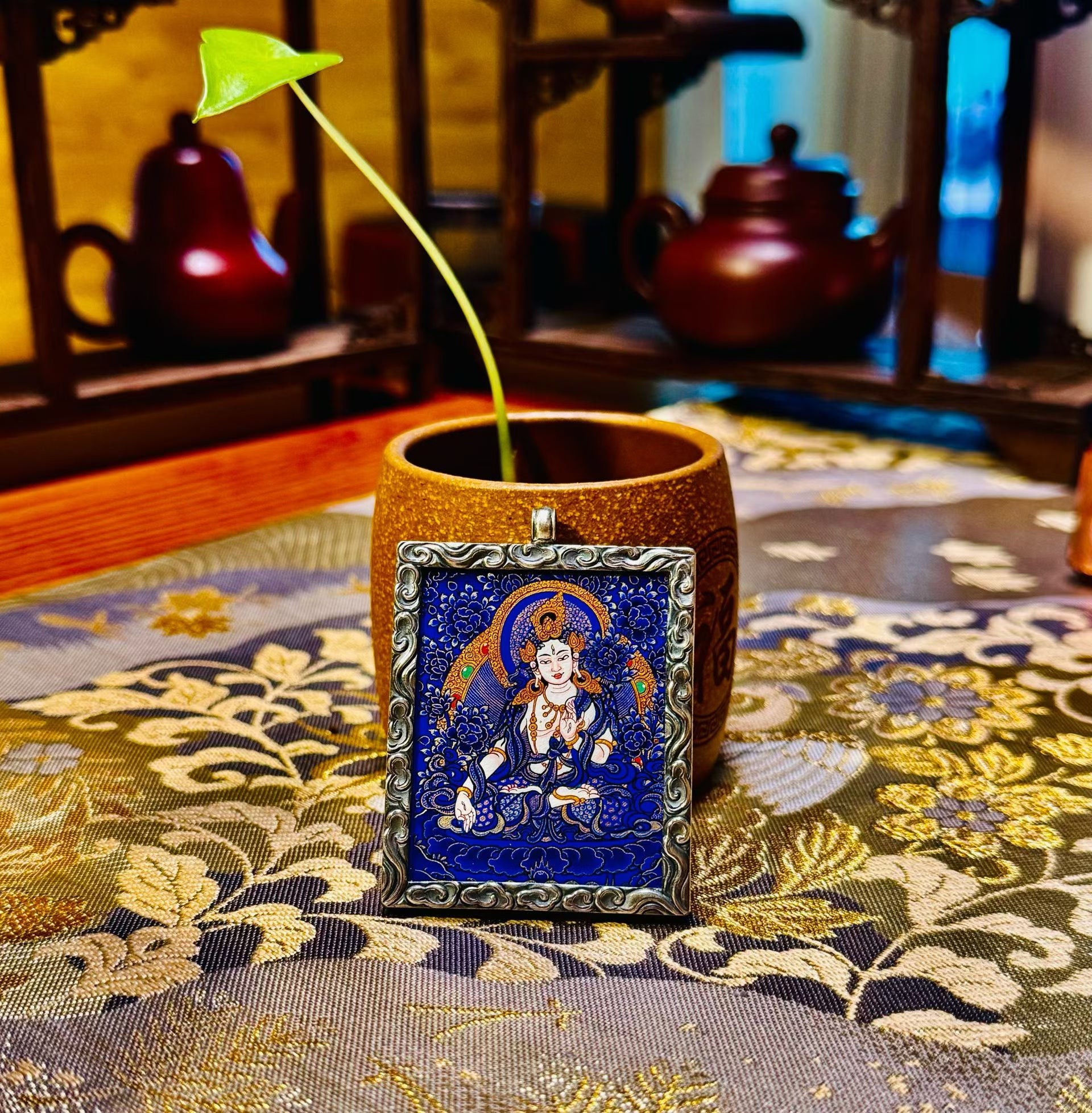 |White Tara Blue Thangka Pendant Handmade|Tibetan Thangka Pendant Necklace | Original Handmade Traditional Tibetan Cultural Art Jewelry | Hand-Painted with Natural Mineral Pigments | Limited Edition Artisan Craft