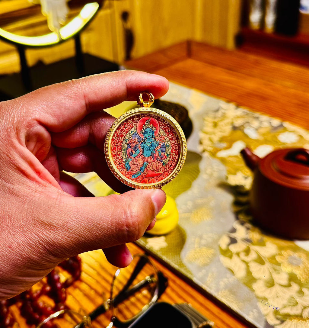 |Green Tara Red Thangka Pendant |Tibetan Thangka Pendant Necklace | Traditional Hand-Painted Tibetan Cultural Art Jewelry | Natural Mineral Pigments | Limited Edition Craft|