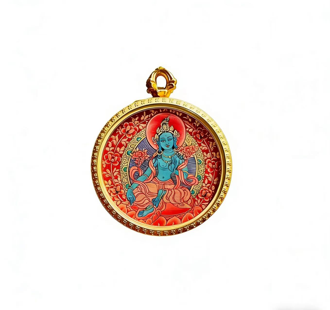 |Green Tara Red Thangka Pendant |Tibetan Thangka Pendant Necklace | Traditional Hand-Painted Tibetan Cultural Art Jewelry | Natural Mineral Pigments | Limited Edition Craft|