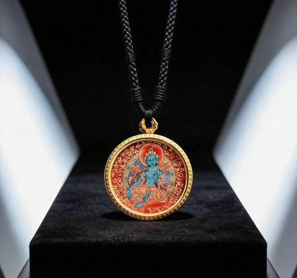|Green Tara Red Thangka Pendant |Tibetan Thangka Pendant Necklace | Traditional Hand-Painted Tibetan Cultural Art Jewelry | Natural Mineral Pigments | Limited Edition Craft|