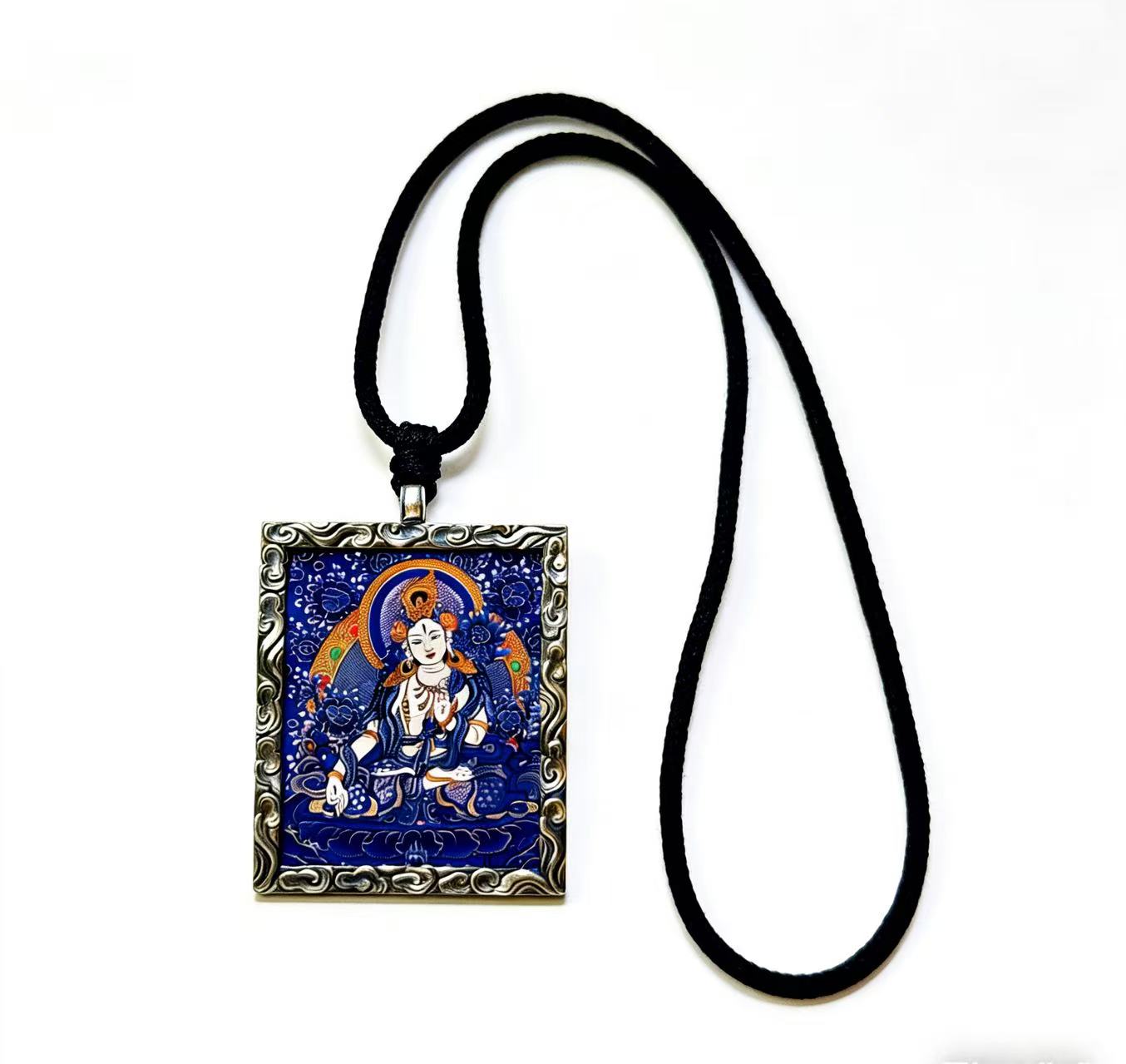 |White Tara Blue Thangka Pendant Handmade|Tibetan Thangka Pendant Necklace | Original Handmade Traditional Tibetan Cultural Art Jewelry | Hand-Painted with Natural Mineral Pigments | Limited Edition Artisan Craft