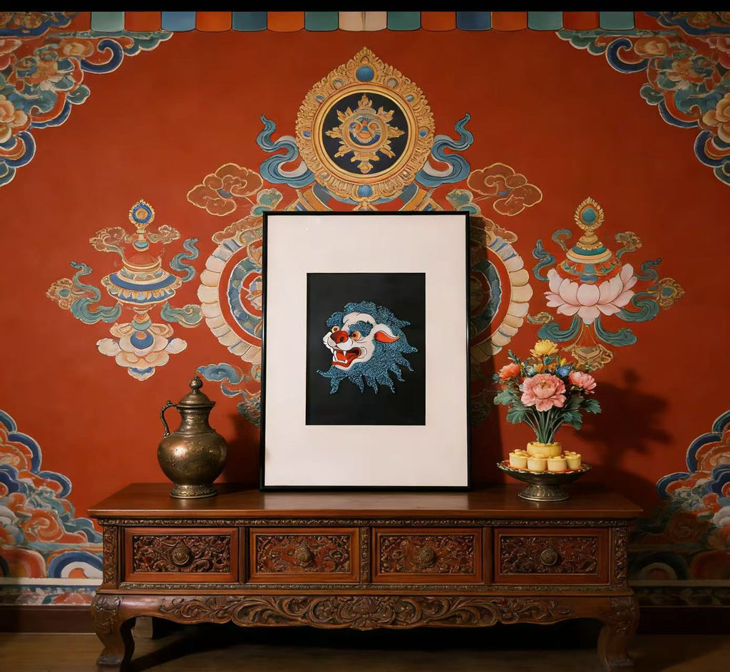 Tibetan Style Handmade Snow Lion Wall Art - Turquoise-Inspired Handcrafted Hanging Painting for Home Decor (Traditional Tibetan Art, Living Room/Study Room Decoration)