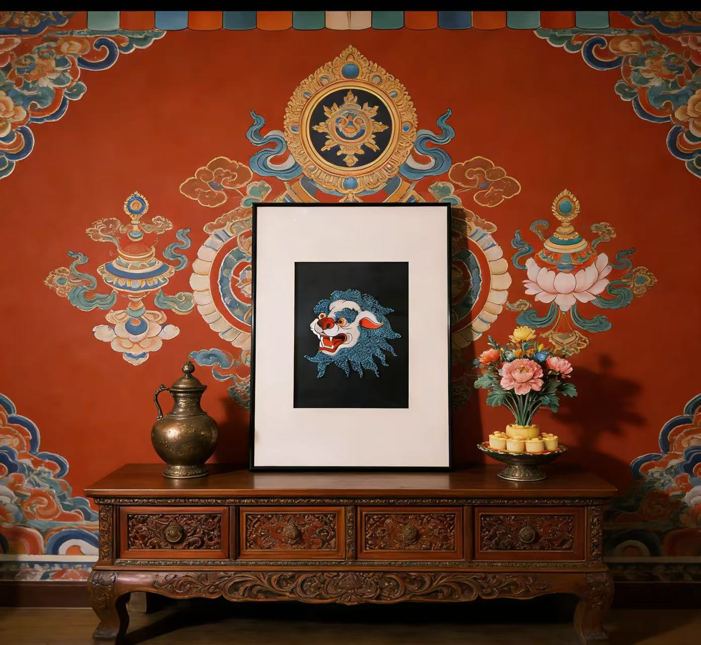 Tibetan Style Handmade Snow Lion Wall Art - Turquoise-Inspired Handcrafted Hanging Painting for Home Decor (Traditional Tibetan Art, Living Room/Study Room Decoration)