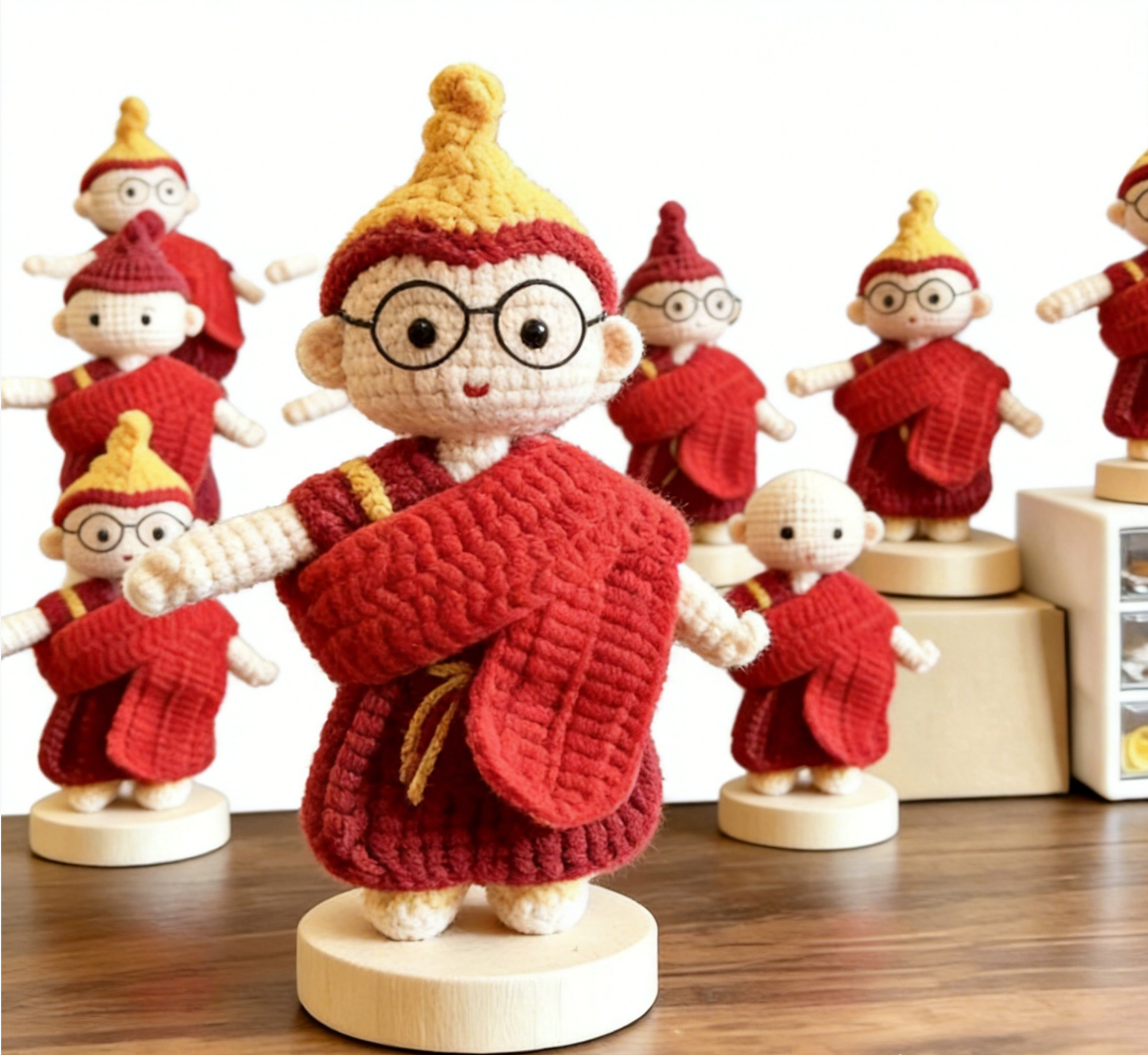 Handmade Crochet Tibetan Little Monk Figurine, Traditional Cultural Desk Ornament, Cute Handcrafted Spiritual Decor Gift