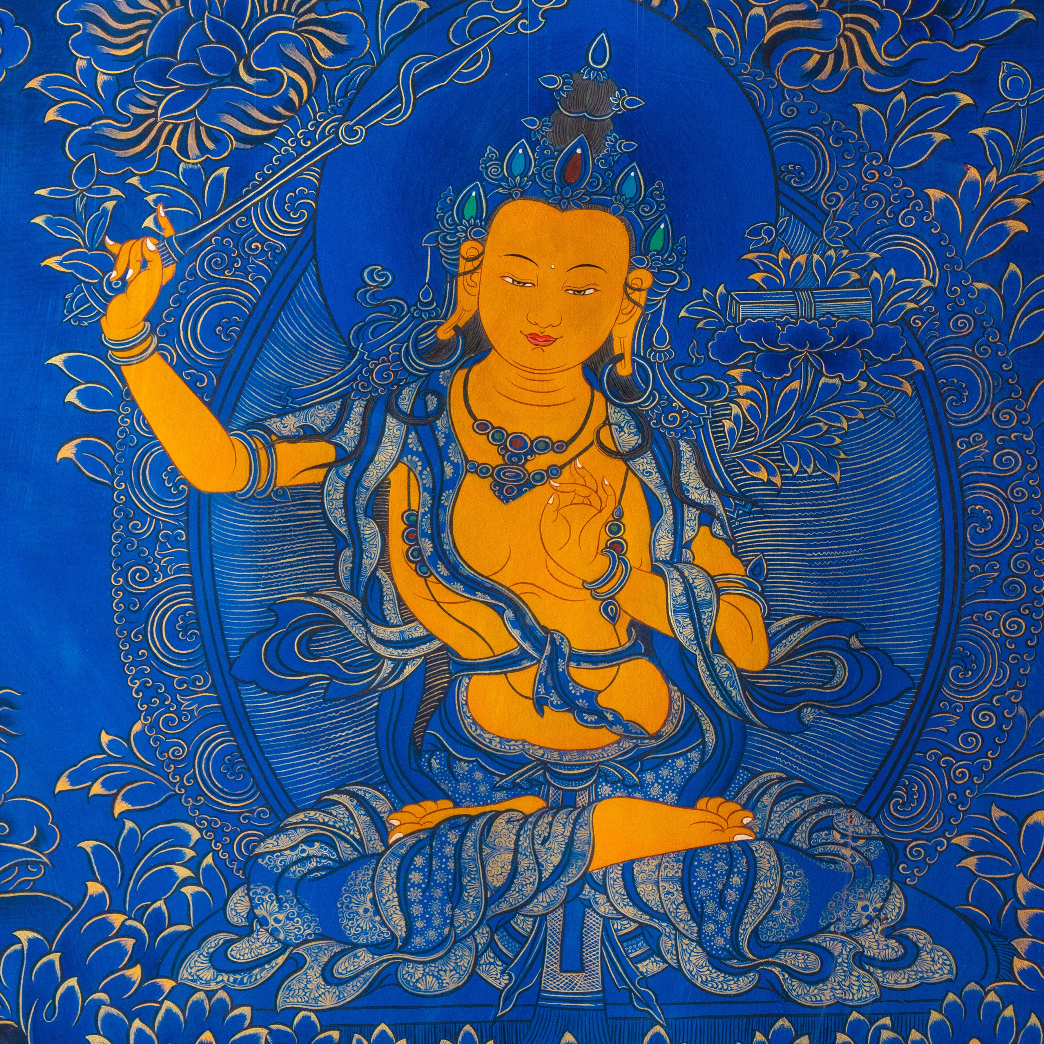 Hand-Painted Tibetan Thangka | Manjushri | Collectible Tibetan Art, Traditional Wall Decor for Home & Meditation Space