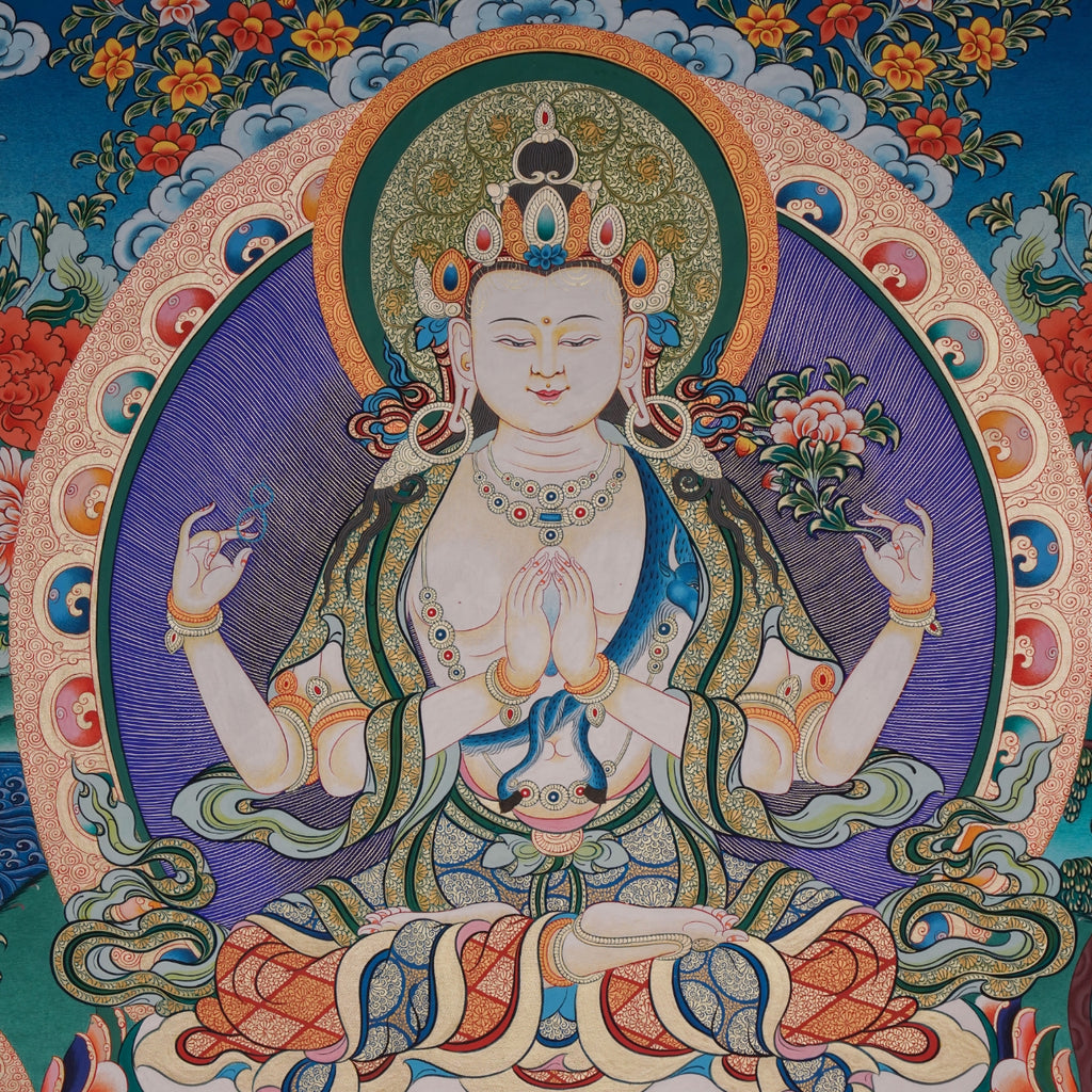 Hand-Painted Tibetan Thangka | Avalokiteshwara| Collectible Tibetan Art, Traditional Wall Decor for Home & Meditation Space