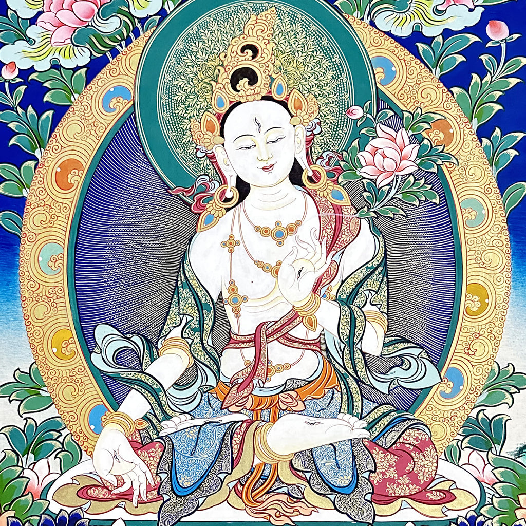 Hand-Painted Tibetan Thangka | White Tara| Collectible Tibetan Art, Traditional Wall Decor for Home & Meditation Space