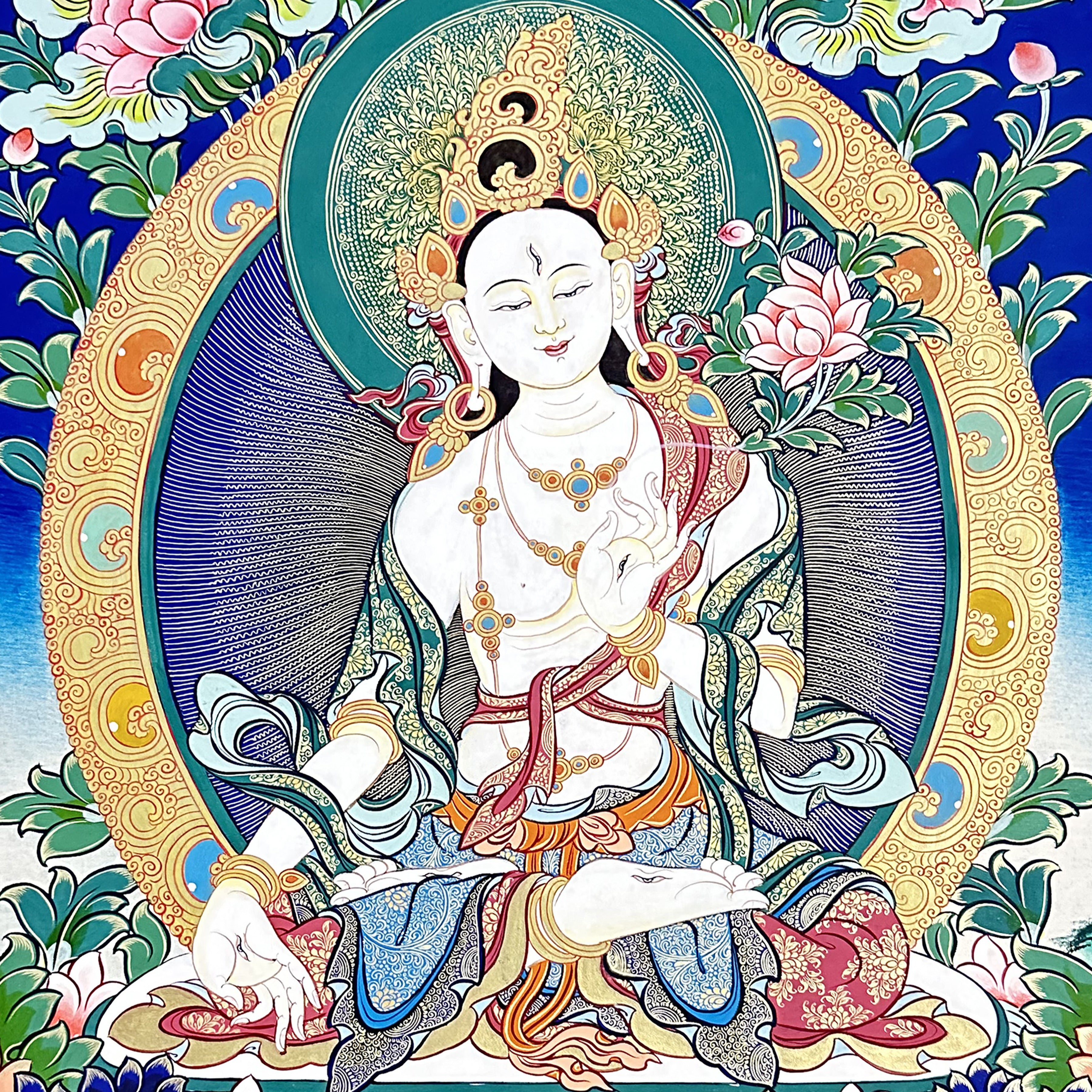 Hand-Painted Tibetan Thangka | White Tara| Collectible Tibetan Art, Traditional Wall Decor for Home & Meditation Space