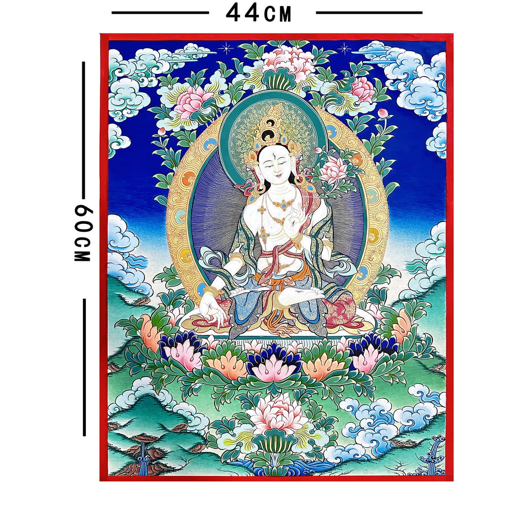 Hand-Painted Tibetan Thangka | White Tara| Collectible Tibetan Art, Traditional Wall Decor for Home & Meditation Space